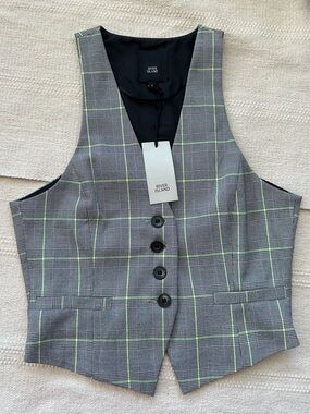 River Island Black Lined Grey Plaid Vest with Neon Green Accents